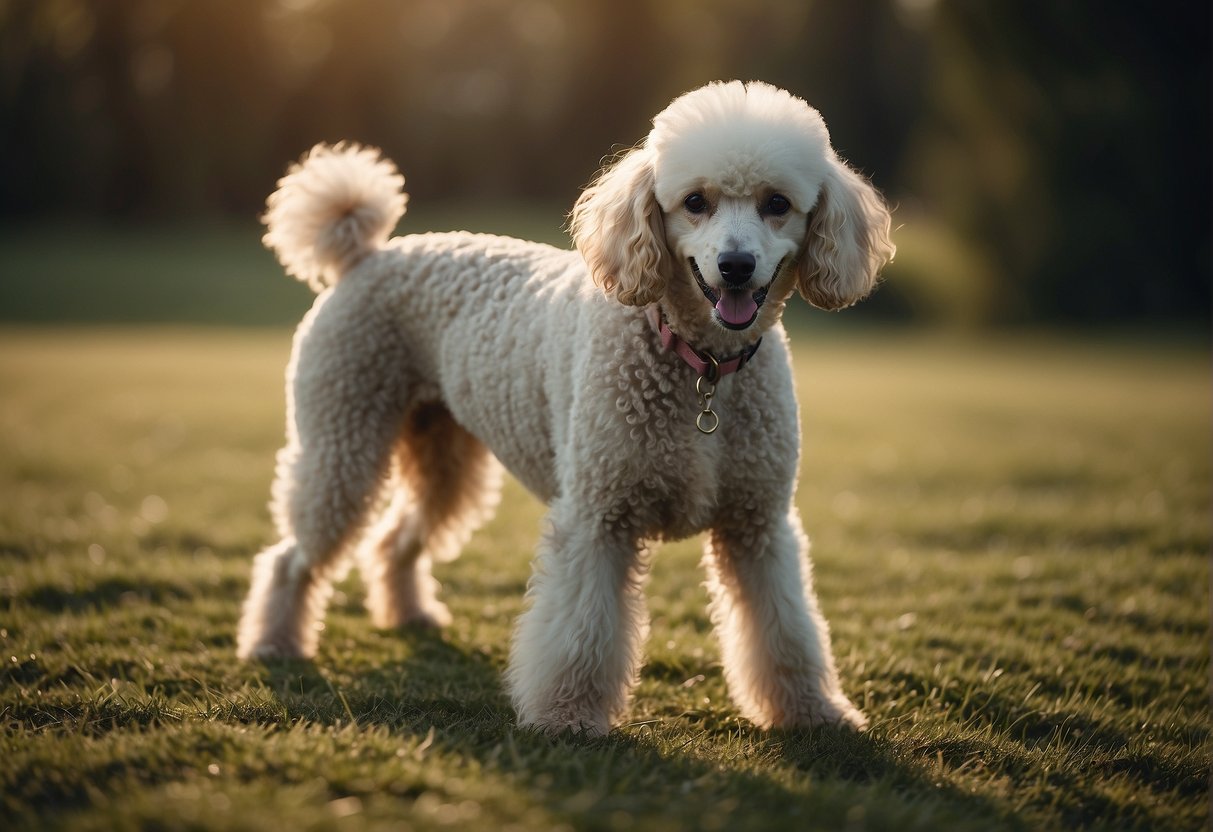 A poodle dog standing on a grassy field, wagging its tail with a playful expression