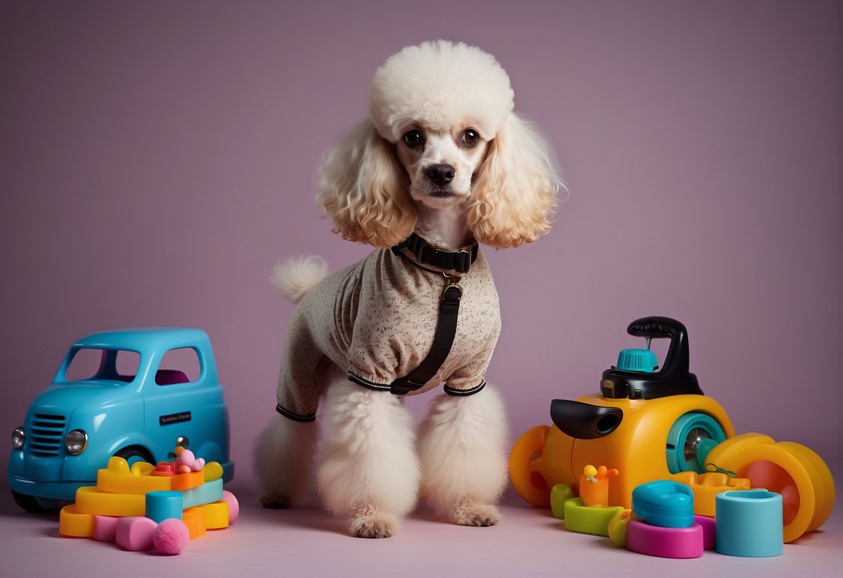 A poodle with curly fur in various colors, standing on all fours with a playful expression, surrounded by grooming tools and toys