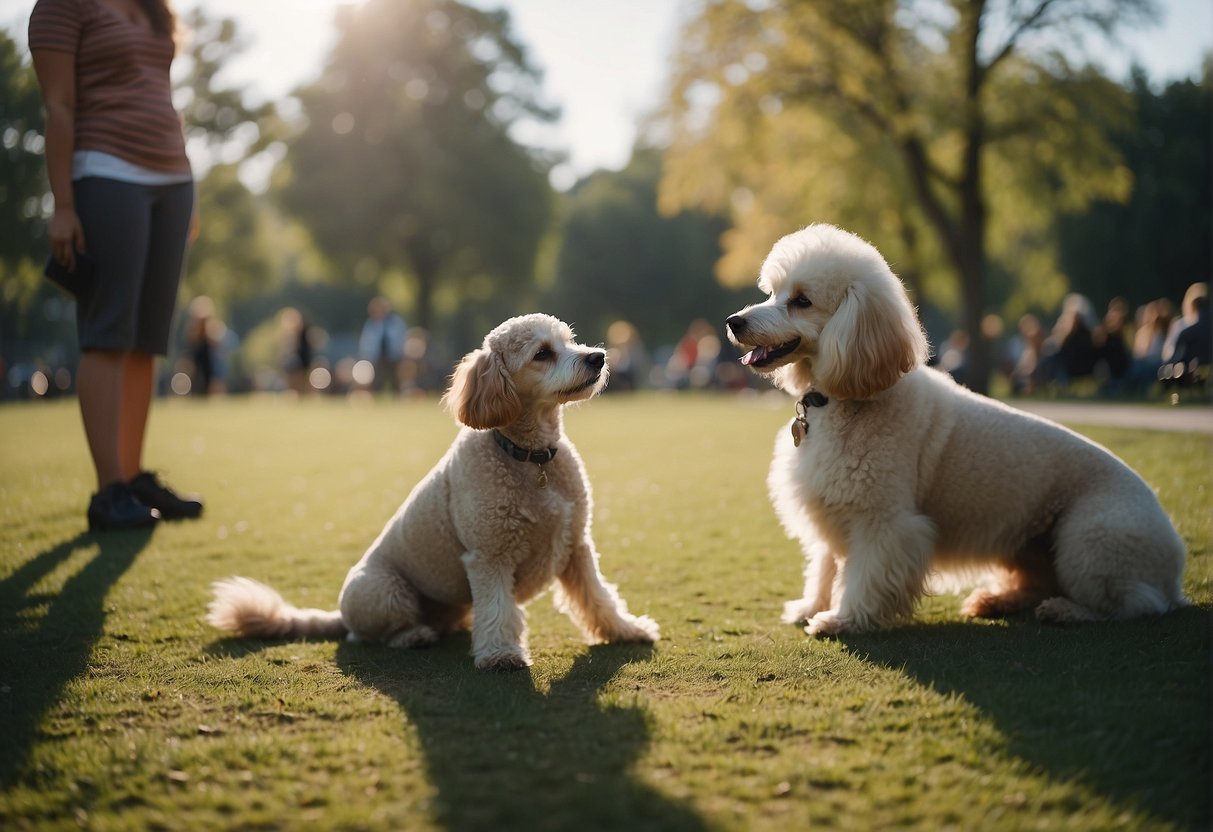 A poodle dog training and socializing with other dogs in a park setting