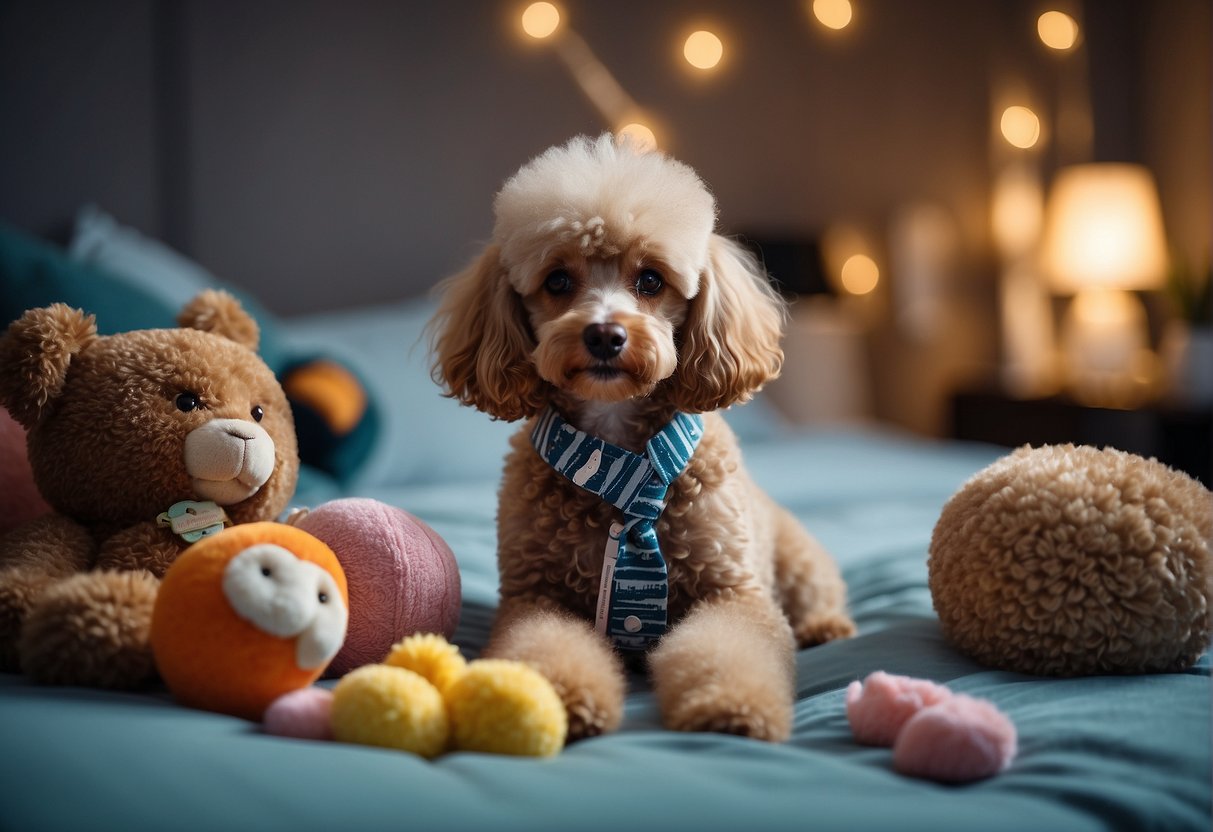A poodle sitting on a fluffy bed, surrounded by dog toys and a price tag