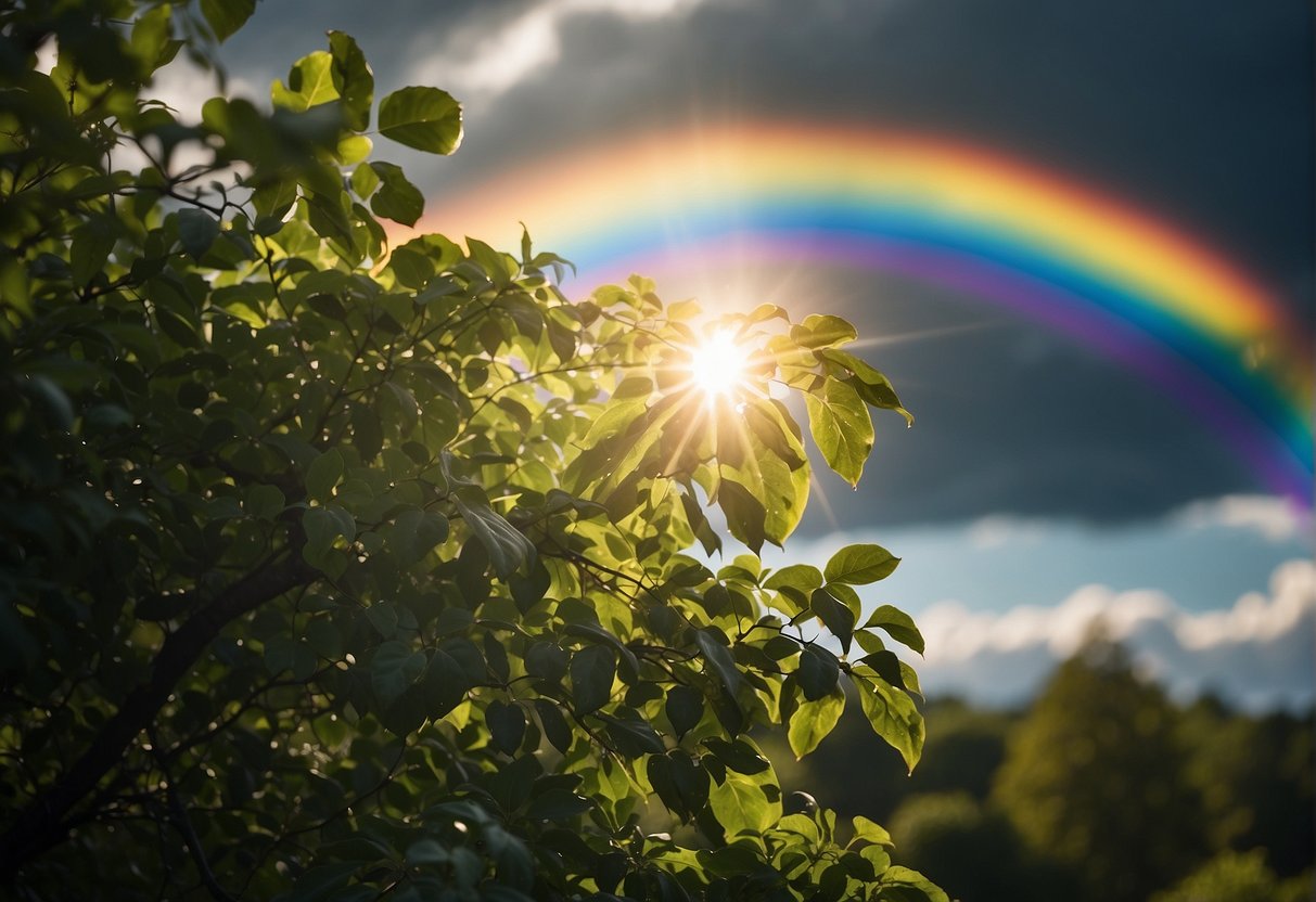 A bright light shining through dark clouds, with a rainbow in the background and a tree with flourishing leaves in the foreground