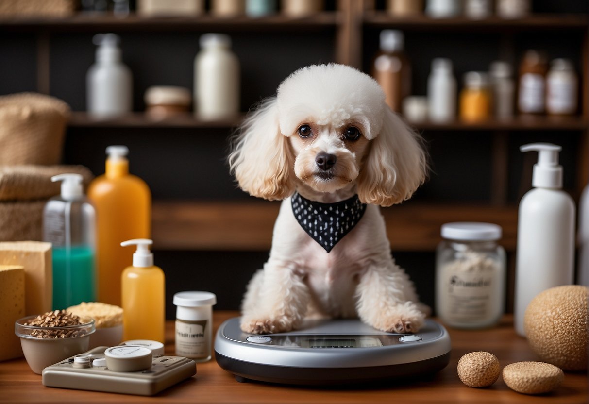 A poodle standing on a scale, surrounded by various dog care products and a price tag