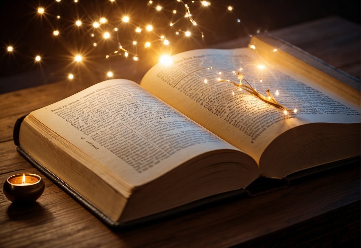 A glowing light shines from a book open to bible verses. Surrounding it, symbols of faith and trust intertwine in a vibrant display
