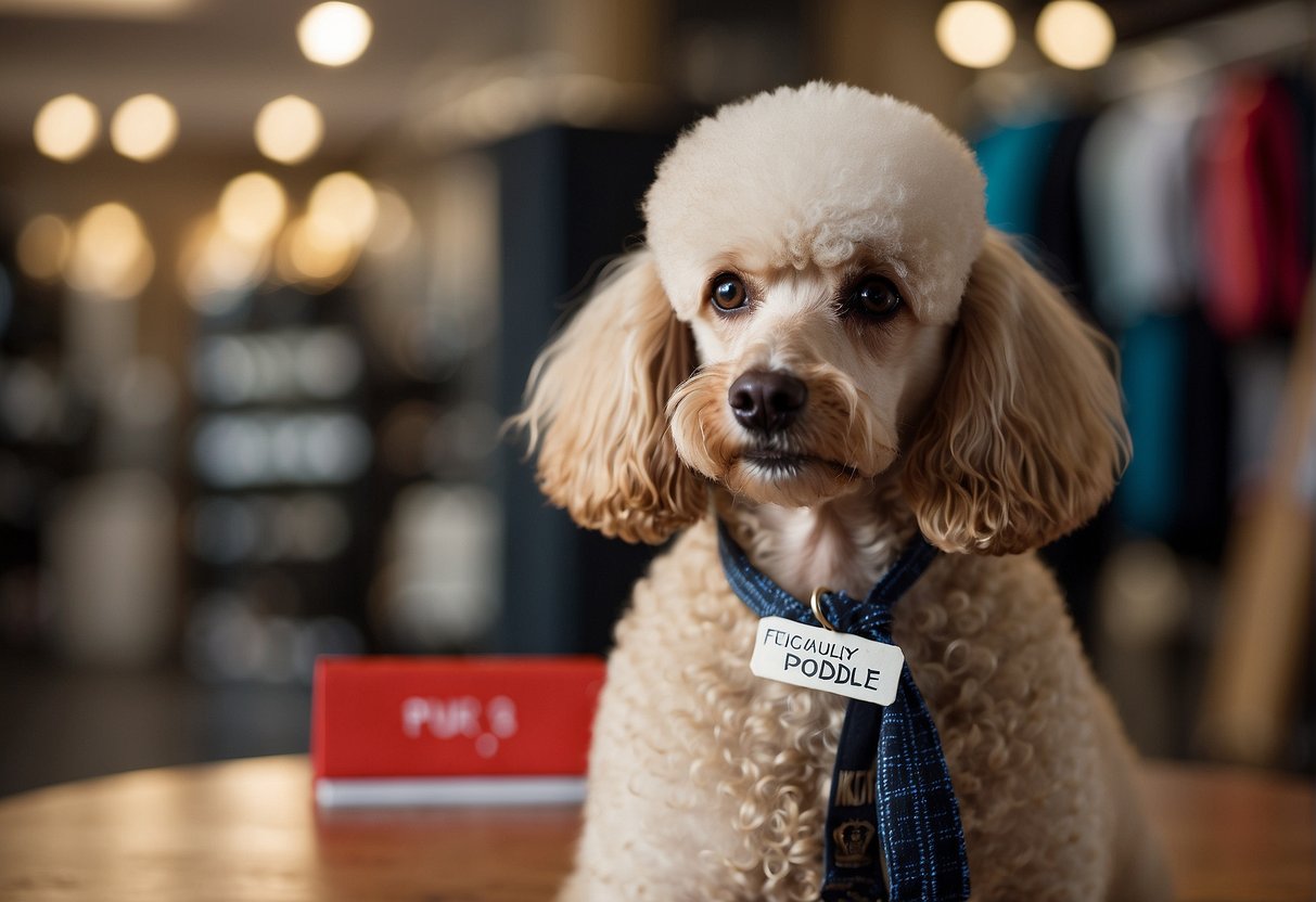 A poodle sitting next to a price tag with the words "Frequently Asked Questions: How much does a poodle cost?" in the background