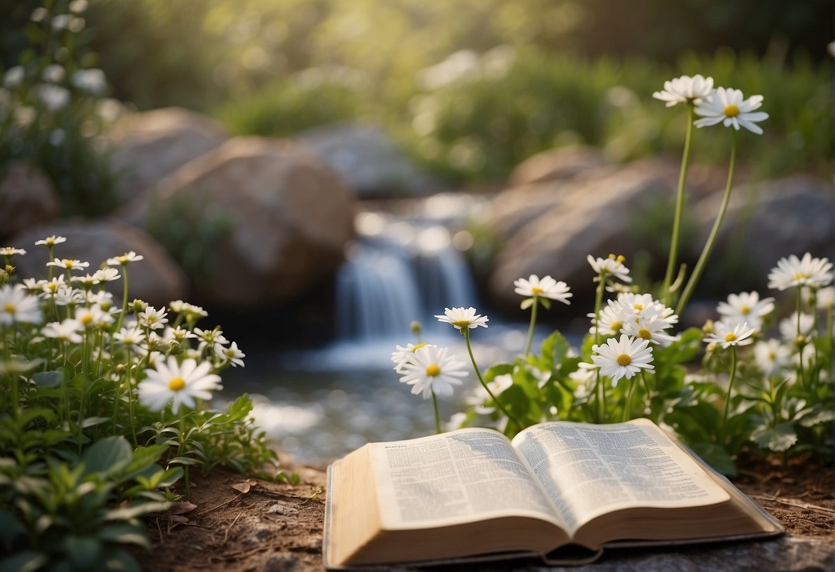 A serene garden with blooming flowers, a peaceful stream, and open Bible pages with uplifting verses
