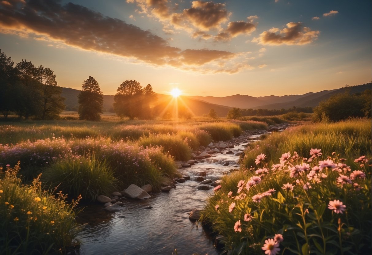 A serene landscape with a vibrant sunrise, blooming flowers, and a peaceful stream, embodying the healing power of positive thinking and gratitude