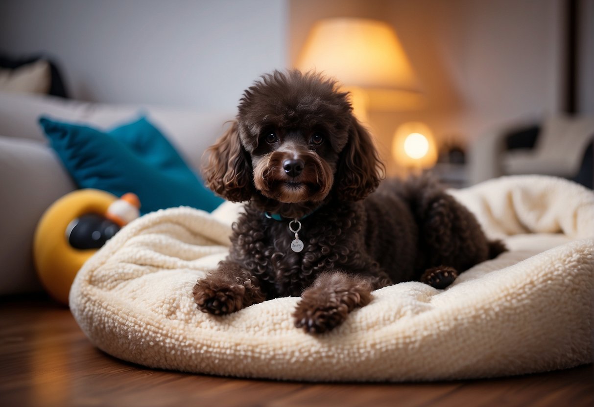 A pregnant poodle resting in a cozy dog bed, surrounded by toys and a soft blanket, with a gentle expression on her face