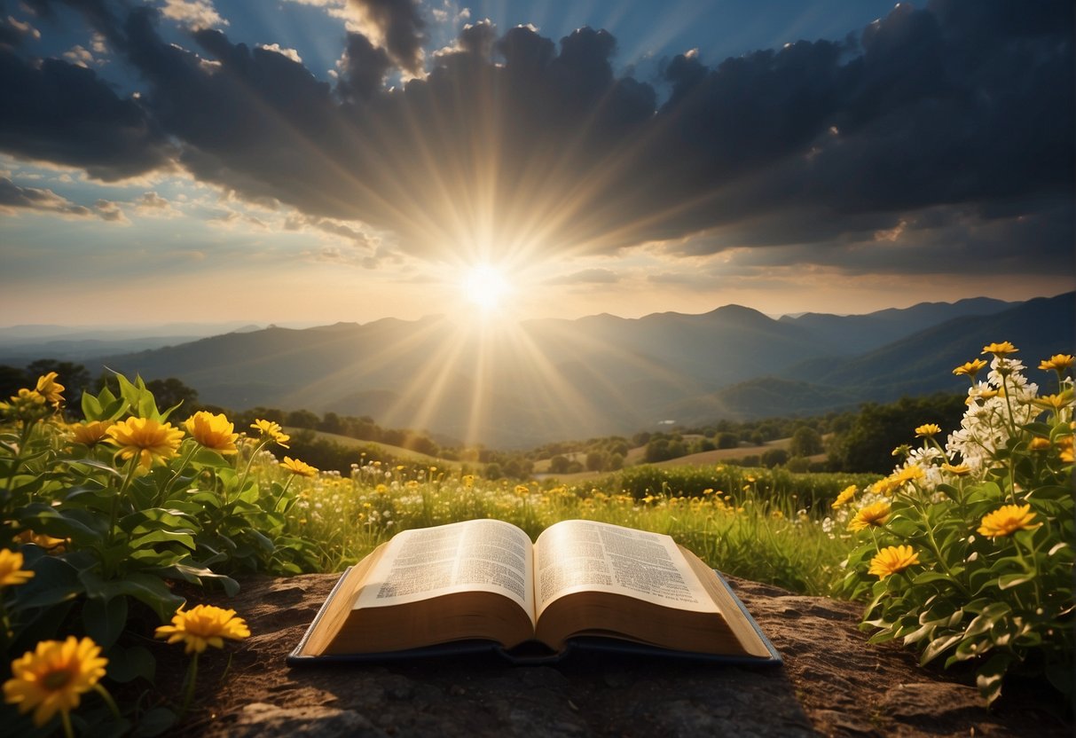 A bright, radiant sun breaking through dark clouds, symbolizing the overcoming of negativity. A path leading towards a glowing, open Bible, surrounded by blooming flowers and vibrant greenery, representing the embrace of God's promises