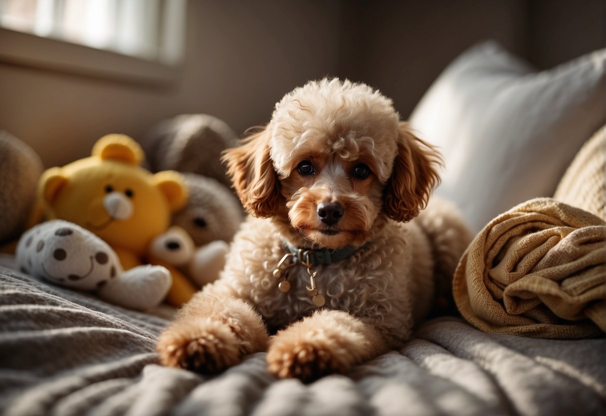 A pregnant poodle rests in a cozy bed, surrounded by soft blankets and toys. The room is filled with warm sunlight, creating a peaceful and nurturing atmosphere