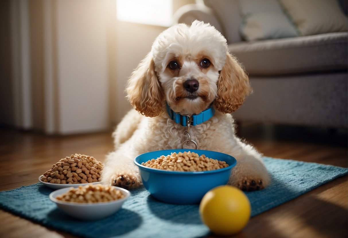 A pregnant poodle exercising with a bowl of dog food nearby, showing the duration of canine pregnancy