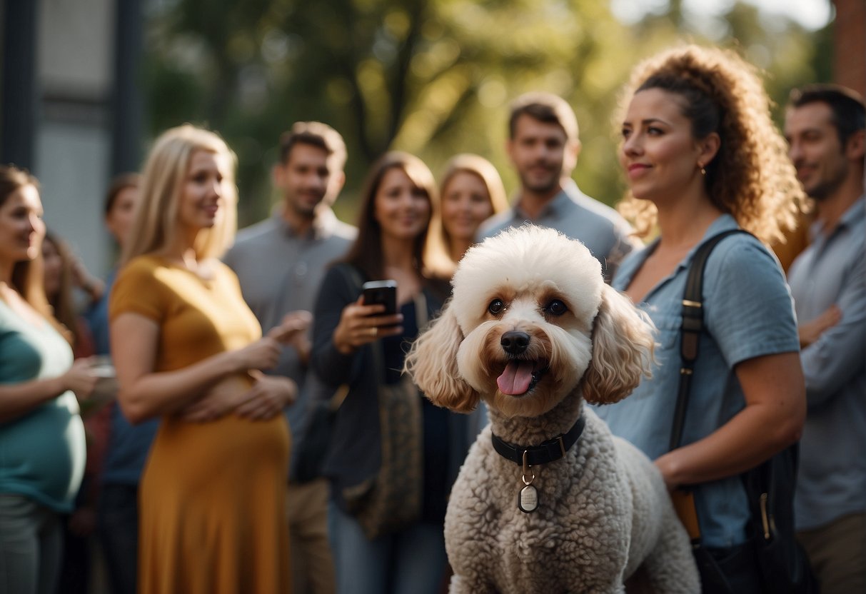 A pregnant poodle with a curious expression, surrounded by a group of people asking questions