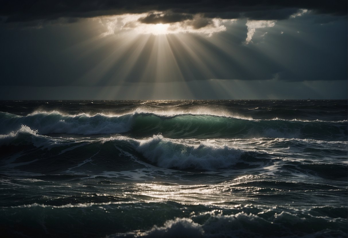A stormy sea with a small boat being tossed by the waves, but a beam of light breaking through the dark clouds above