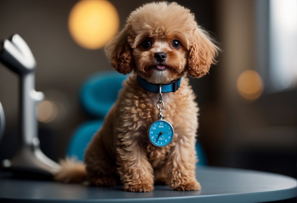 A small toy poodle sits on a scale, its fluffy coat adding to its weight