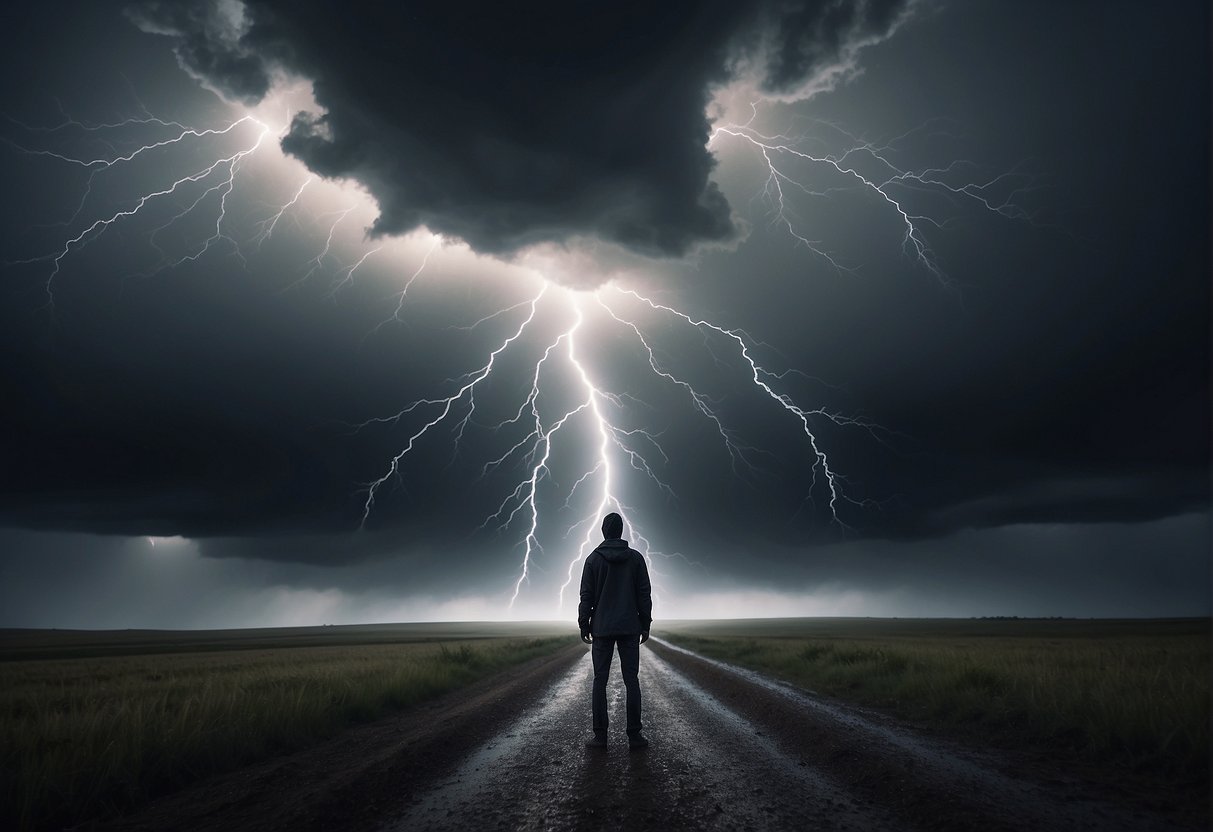 A figure stands in a storm, surrounded by dark clouds and lightning. A beam of light breaks through, symbolizing hope and overcoming adversity