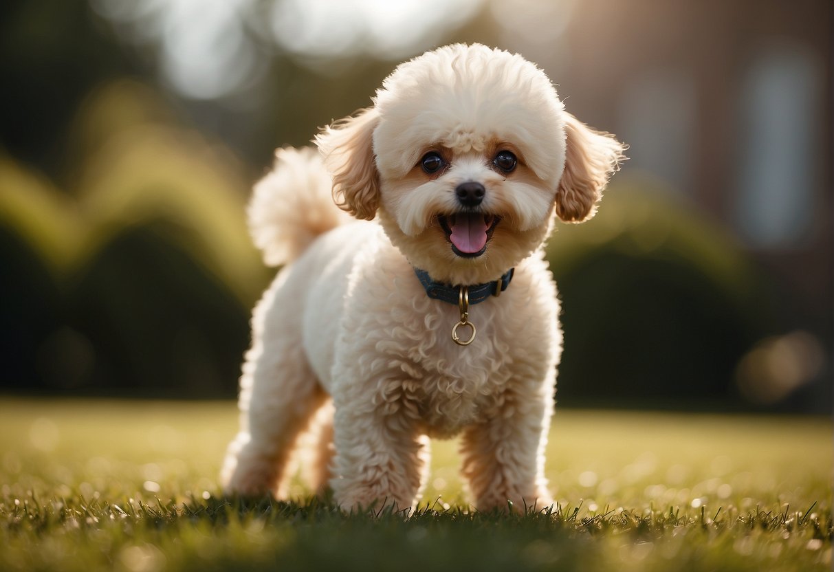 A small, fluffy toy poodle stands on its hind legs, wagging its tail. Its eyes are bright and alert, and its curly fur is a light, elegant shade of cream