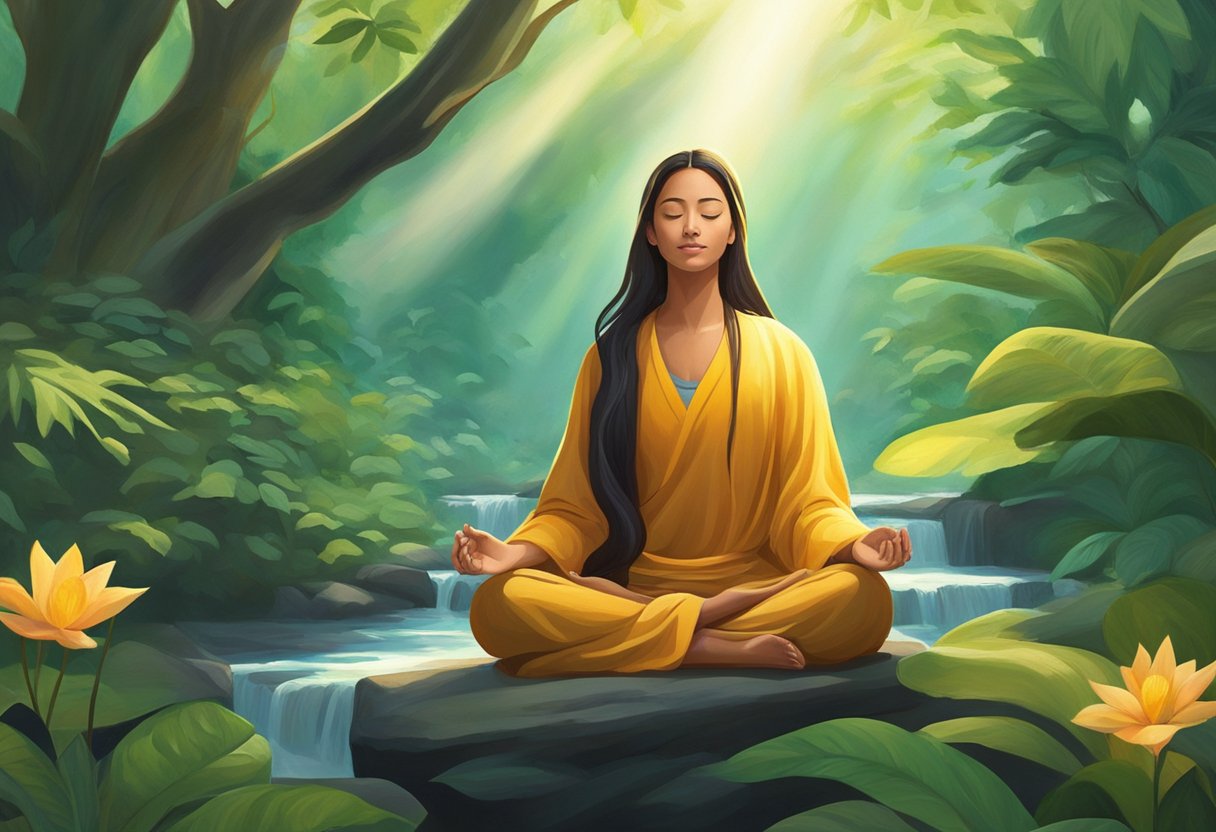 A serene figure meditates in a lush, tranquil forest, surrounded by gentle streams and vibrant flora. Rays of sunlight filter through the canopy, illuminating the figure as they connect with their spirit guides