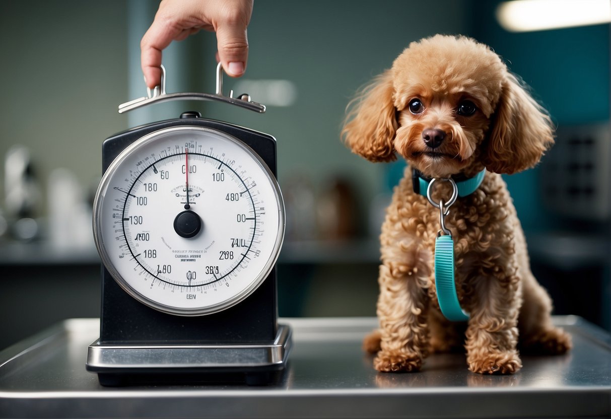 A toy poodle being weighed on a scale by a veterinarian
