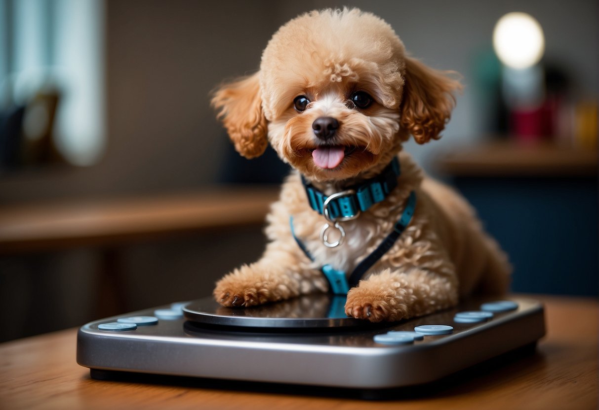 A small, fluffy toy poodle sits on a scale, with the weight reading clearly visible. The poodle's cute, alert expression adds to the scene