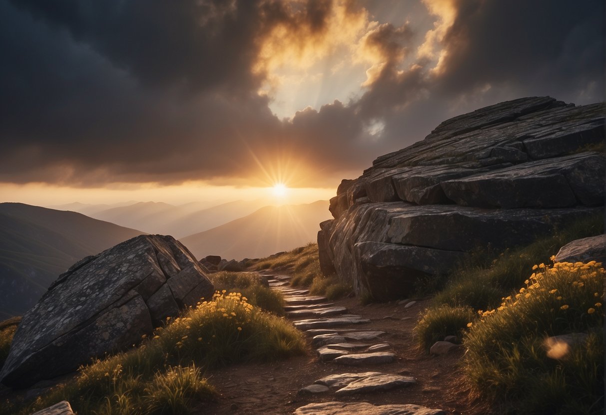 A radiant sunrise breaking through storm clouds, casting light on a path through rocky terrain, with a comforting scripture verse inscribed on a sturdy rock