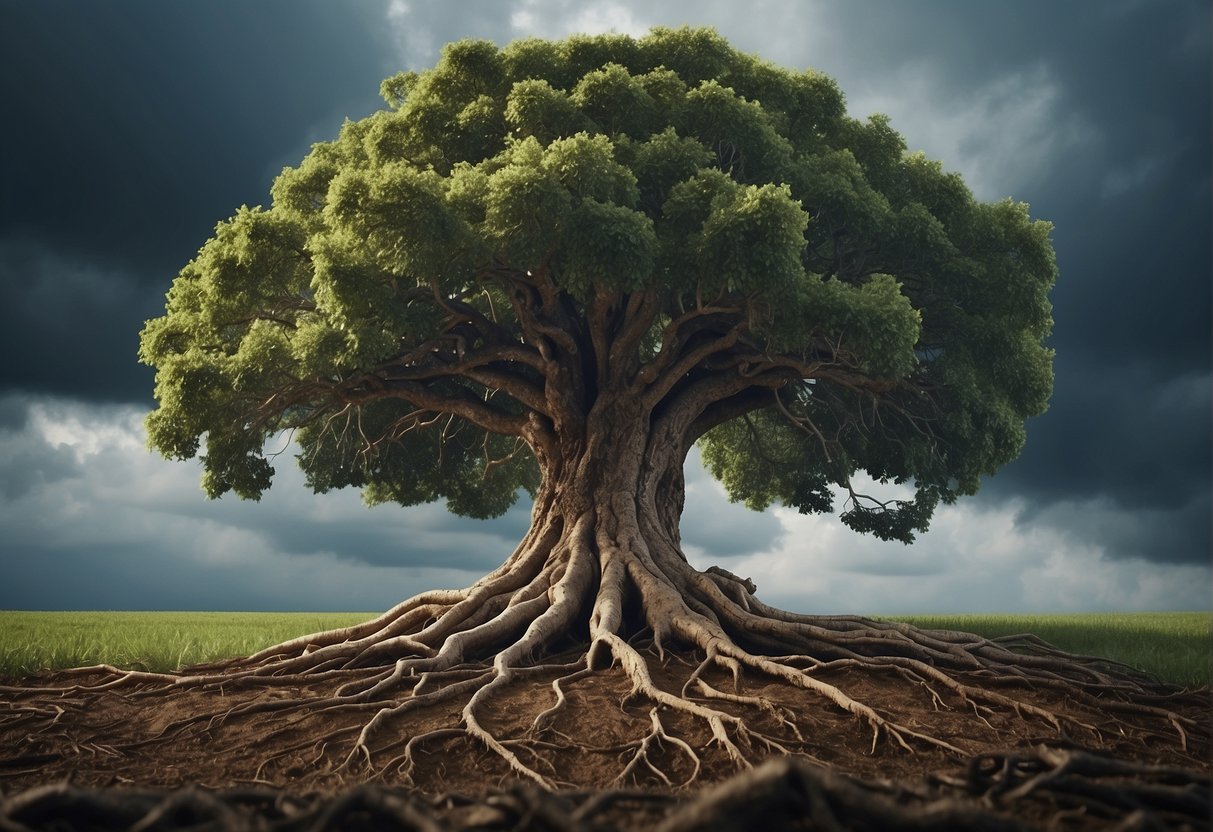 A tree with deep roots surviving a storm, surrounded by uplifting Bible verses