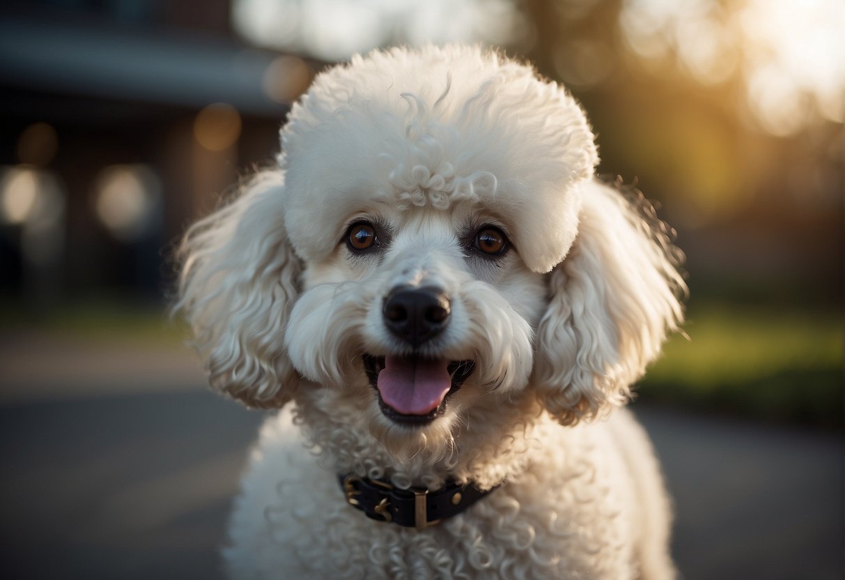 A fluffy white poodle with a curly coat stands proudly, showcasing its distinctive features. Its expressive eyes and alert ears convey intelligence and playfulness