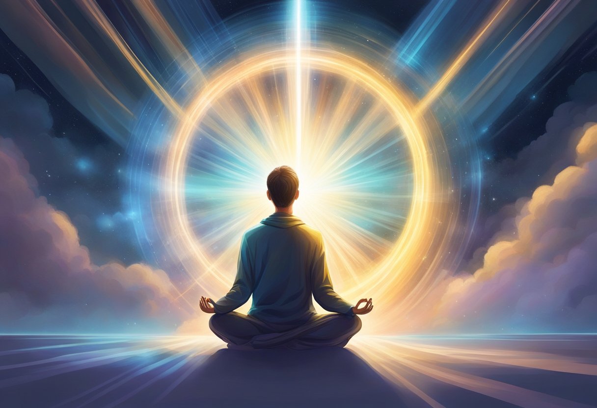 A figure sits in meditation, surrounded by a glowing aura. Beams of light extend from their body, reaching towards the heavens. An ethereal presence hovers nearby, connecting with the figure's energy
