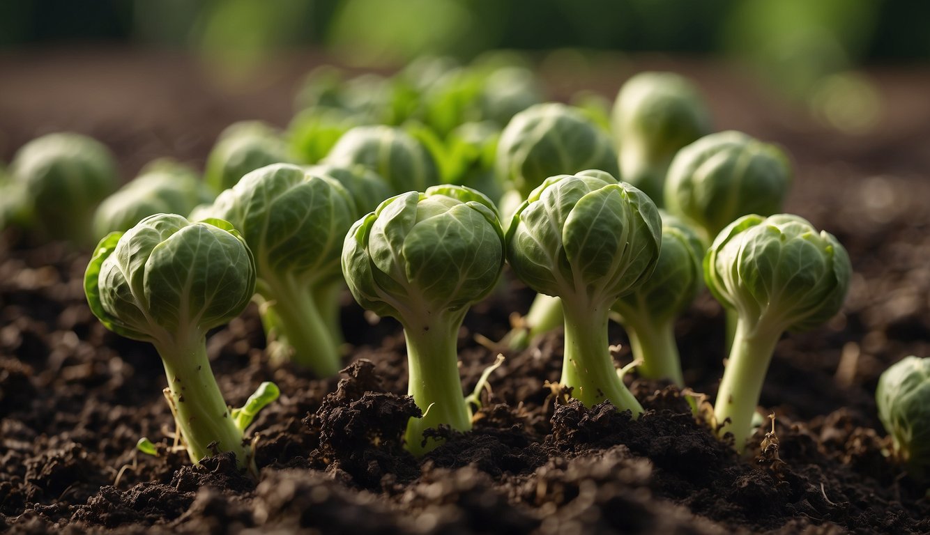 Brussels sprouts plants in a garden, surrounded by rich soil and green foliage, with small, round sprouts forming on the thick stalks