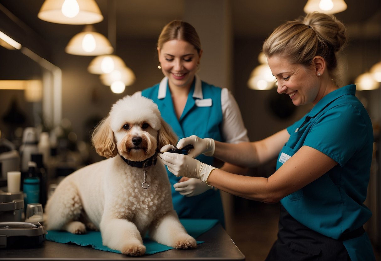 A groomer carefully brushes a poodle's fluffy coat, while another person trims its nails. A sign displays the price for poodle grooming services