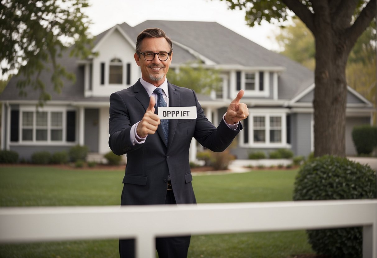 A real estate agent pointing to a sign with "OP" written on it, while explaining the meaning to a potential buyer