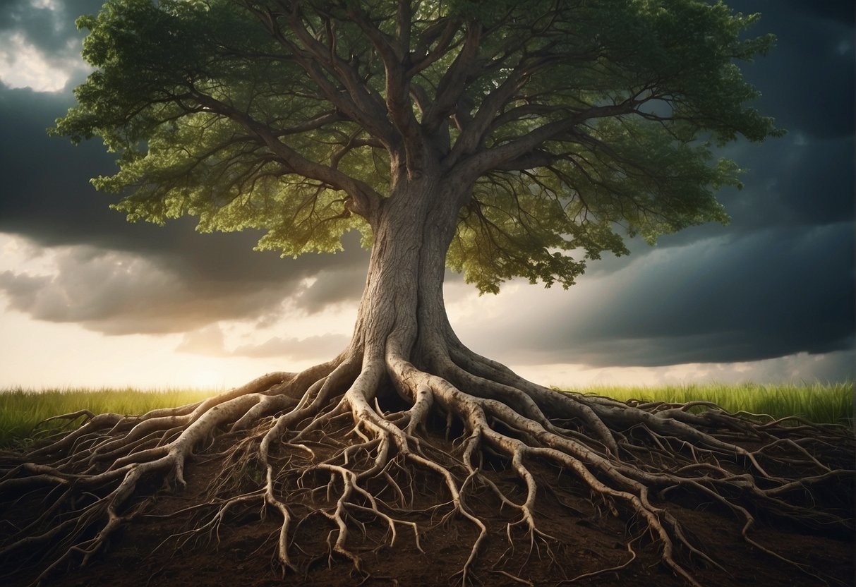 A sturdy tree with roots firmly planted, weathering a storm, while a beam of light breaks through the clouds, symbolizing hope and strength