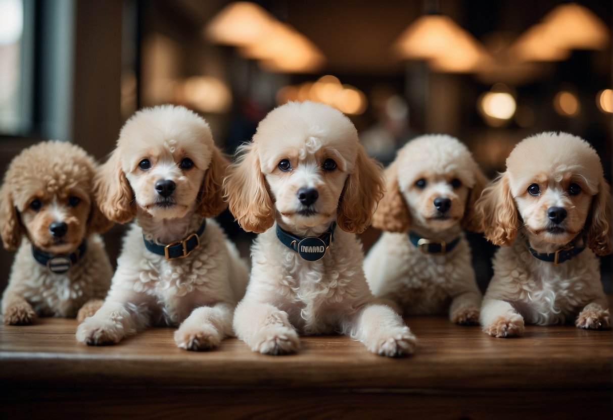 A group of adorable poodles with curious expressions, surrounded by question marks and a sign that reads "Frequently Asked Questions: How much are the poodles?"