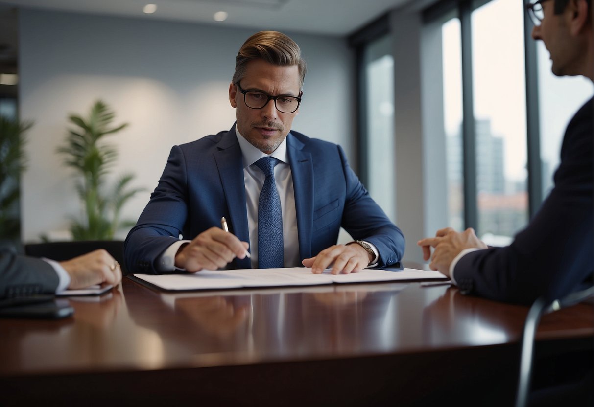 A real estate agent and a client signing a contract at a desk in an office. The agent is explaining the terms while the client attentively listens