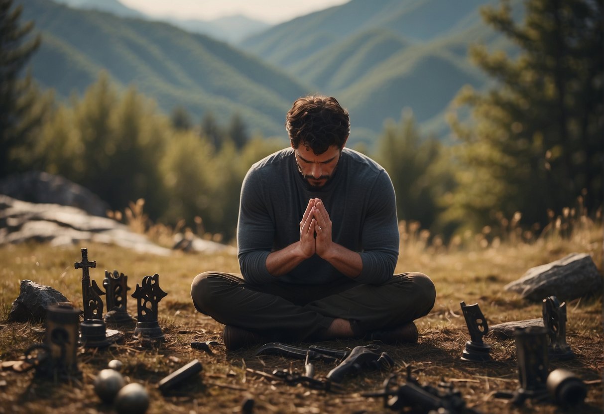 A figure kneeling in prayer, surrounded by broken weapons and a peaceful landscape