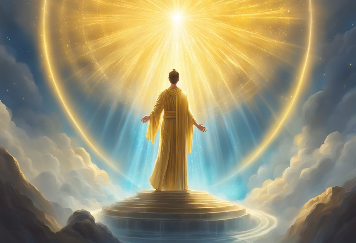 A figure bathed in golden light, surrounded by ethereal beings guiding them upward towards a radiant source of energy