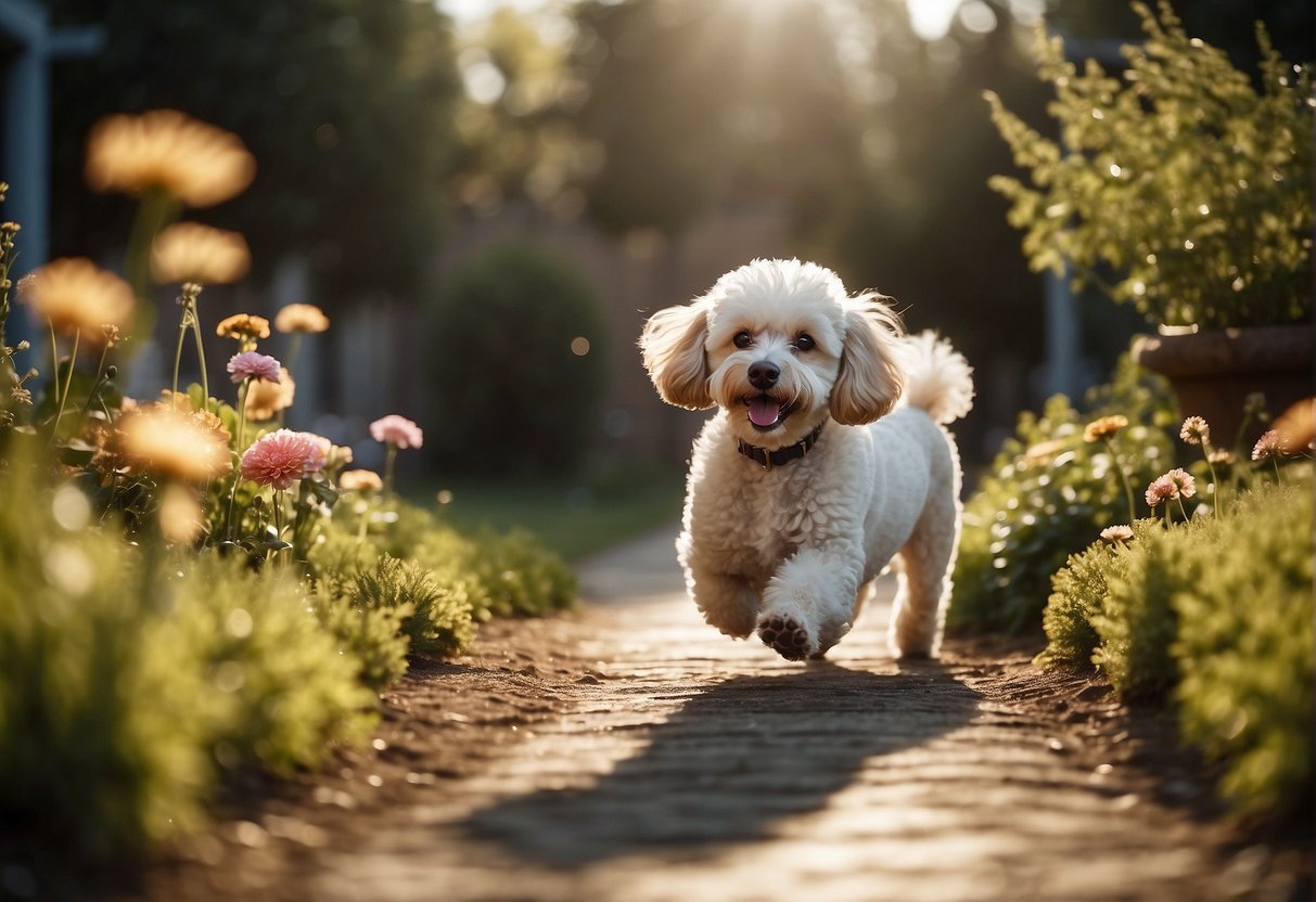 A lively poodle playing in a sunlit garden, chasing after a ball and wagging its tail happily