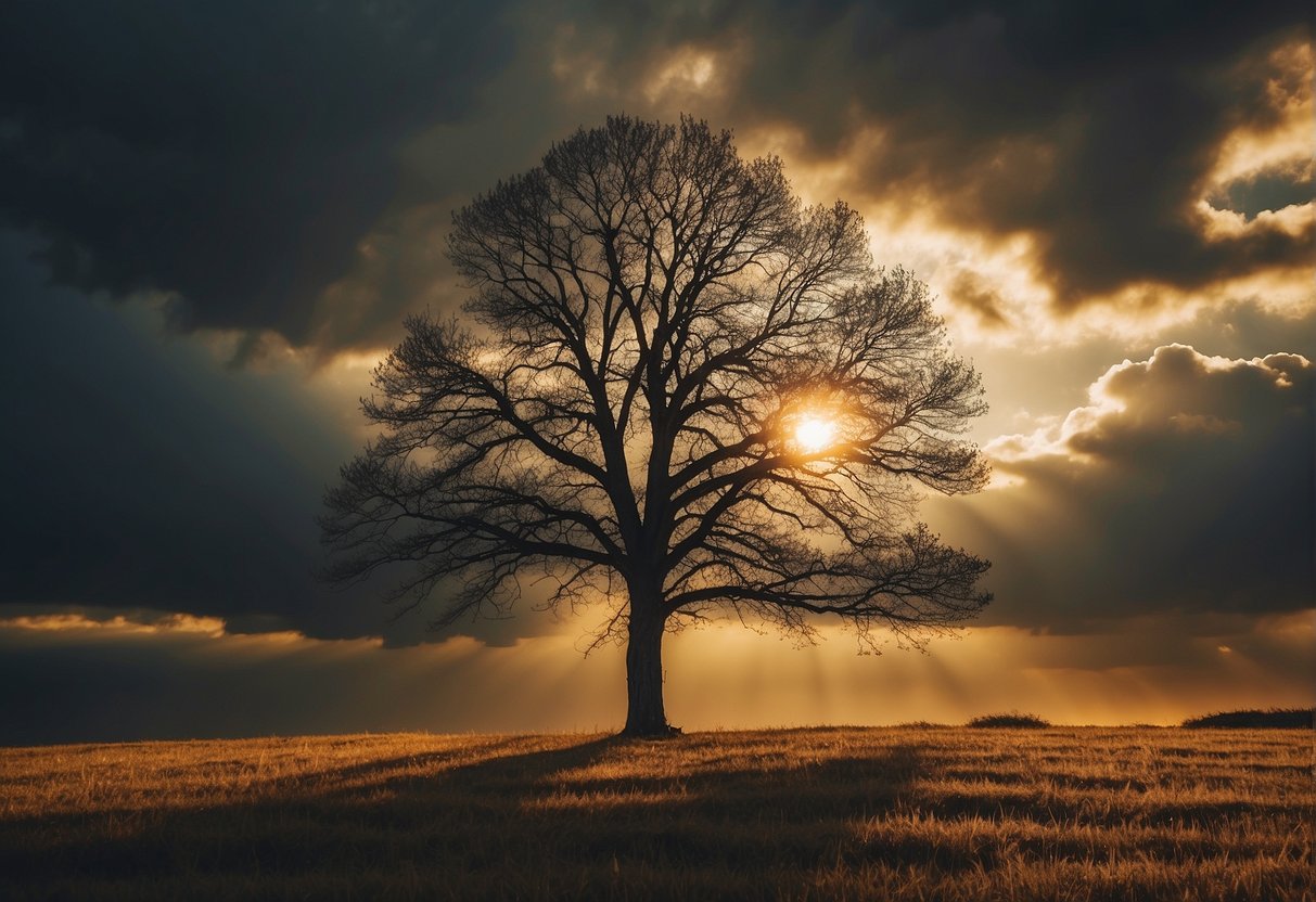 A barren tree stands alone in a field, with dark storm clouds parting to reveal a ray of golden sunlight, symbolizing the power of forgiveness and love