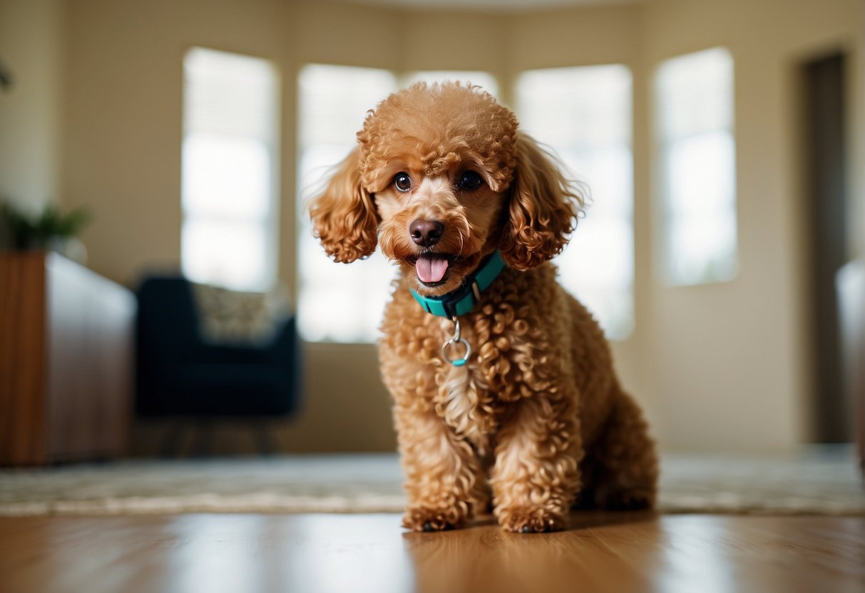 A healthy poodle with curly fur, bright eyes, and a wagging tail playing in a spacious, well-lit room