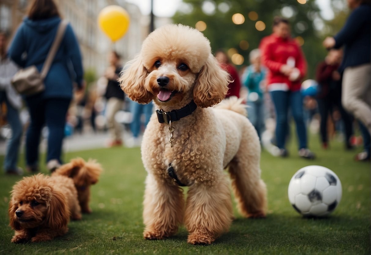 A lively poodle, surrounded by curious onlookers, playfully interacts with a toy, capturing the attention of passersby