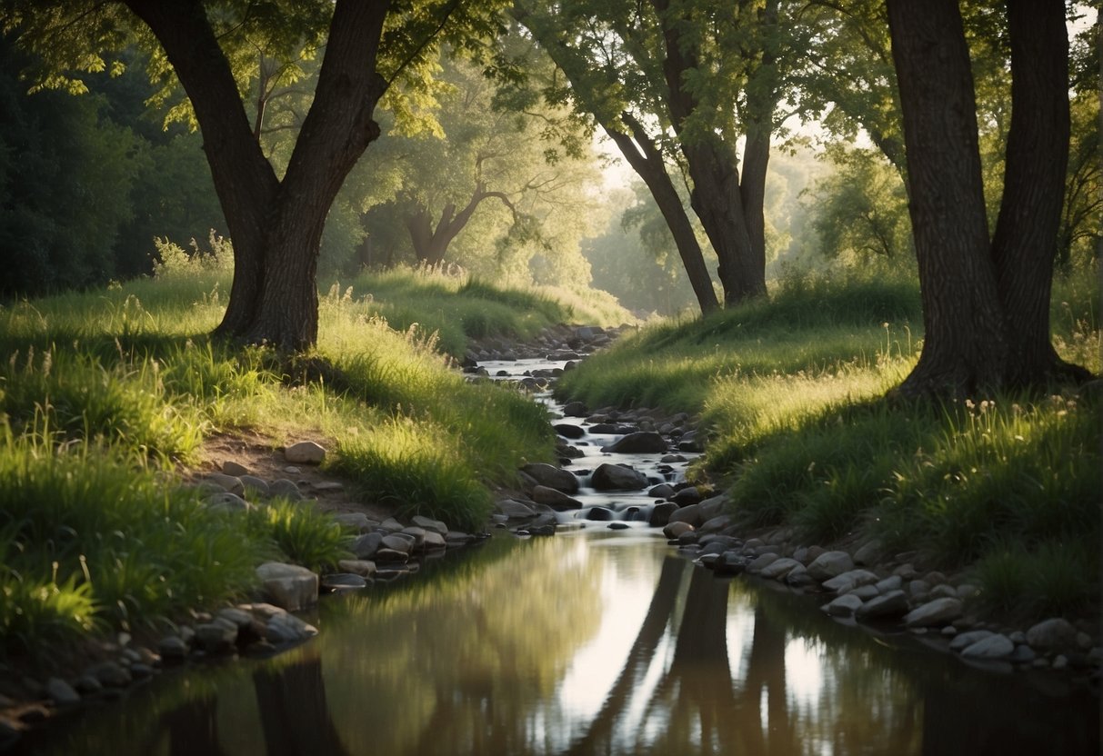 A serene landscape with two trees, one bearing fruit and the other offering shade. A peaceful stream flows between them, reflecting the harmony and forgiveness found in Christ's teachings