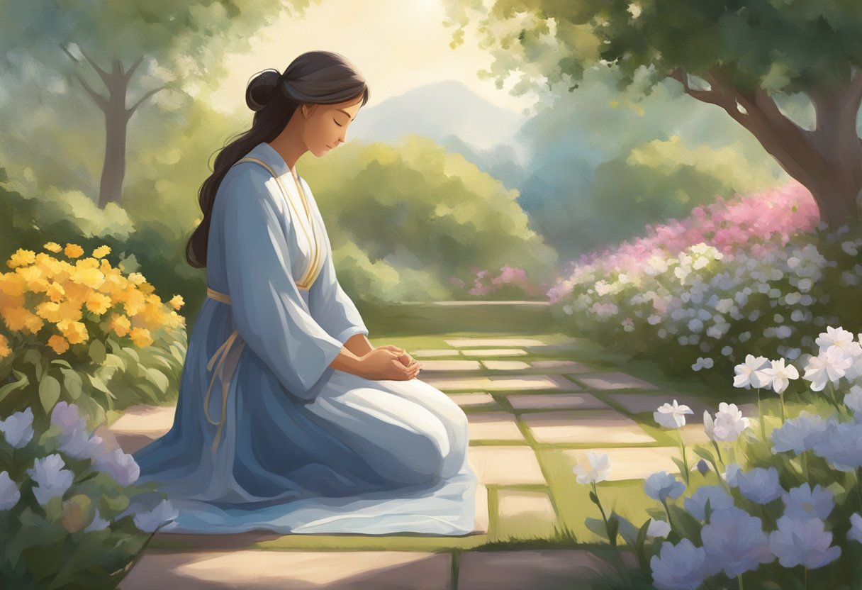 A figure kneels in a serene garden, eyes closed in prayer, surrounded by blooming flowers and gentle sunlight
