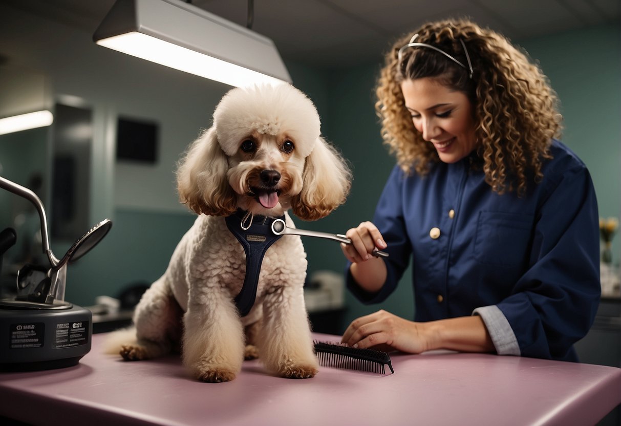 A groomer trims a poodle's curly fur with scissors and a comb. The poodle sits still on a grooming table, while the groomer carefully shapes its coat