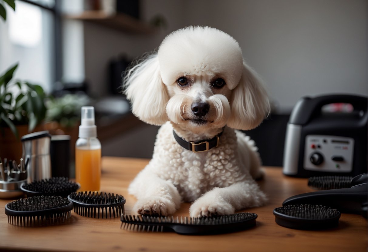 A white poodle sitting on a grooming table, surrounded by combs, scissors, and a hair dryer. Its fur is neatly brushed and ready for a haircut