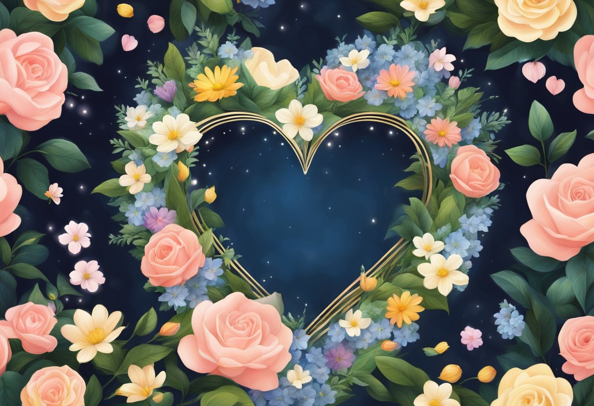 A beam of light shines down on a glowing heart surrounded by delicate flowers, symbolizing the spiritual significance of love and a prayer for true love