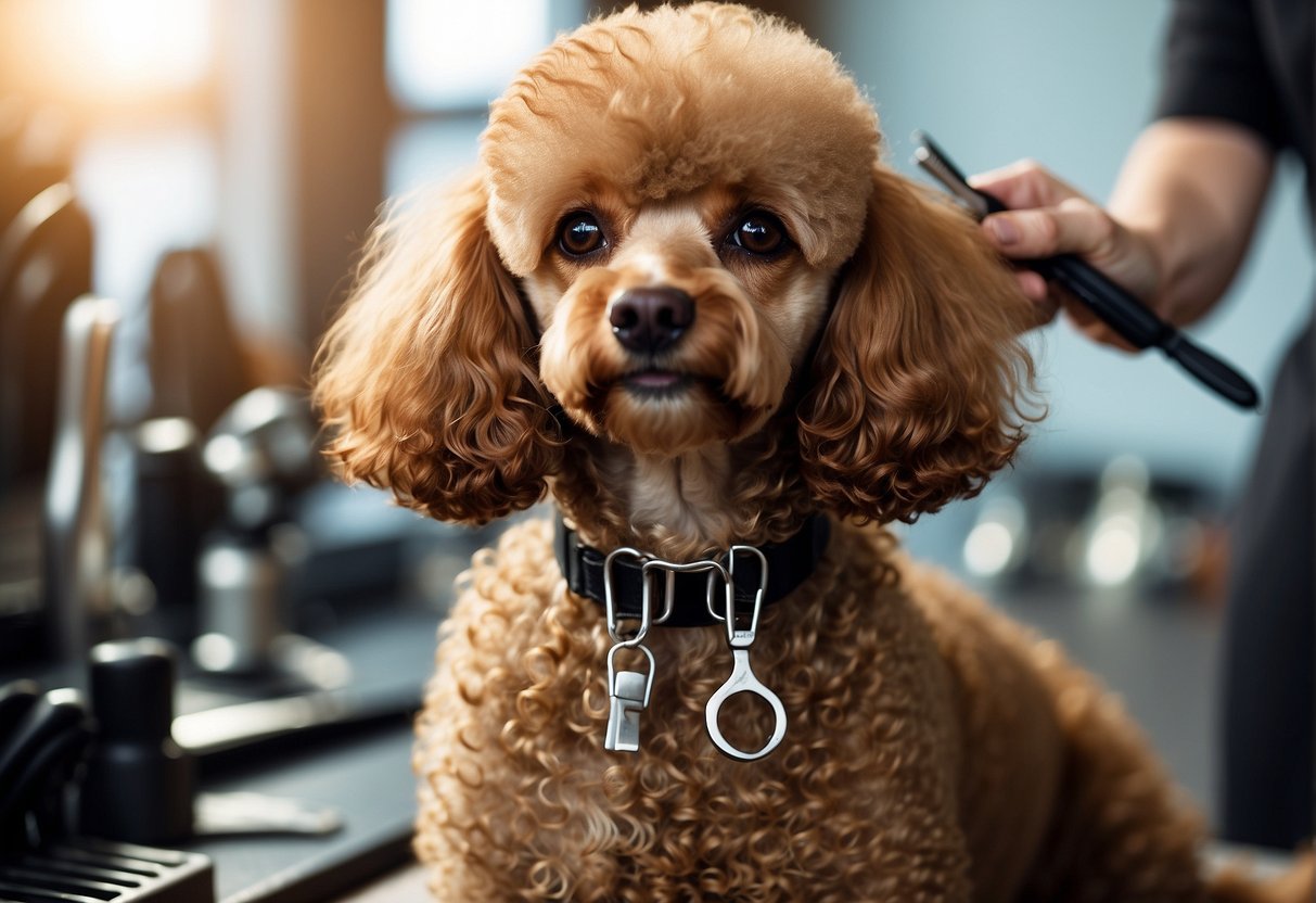 A poodle sits calmly as its fur is carefully trimmed with scissors and clippers, creating a neat and stylish haircut