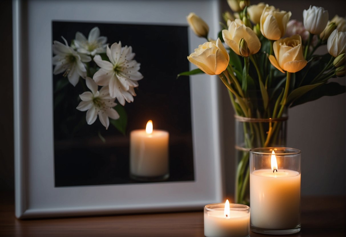 A candle flickers beside a framed photo. A bouquet of flowers rests nearby. A gentle breeze stirs the room, carrying the scent of memories