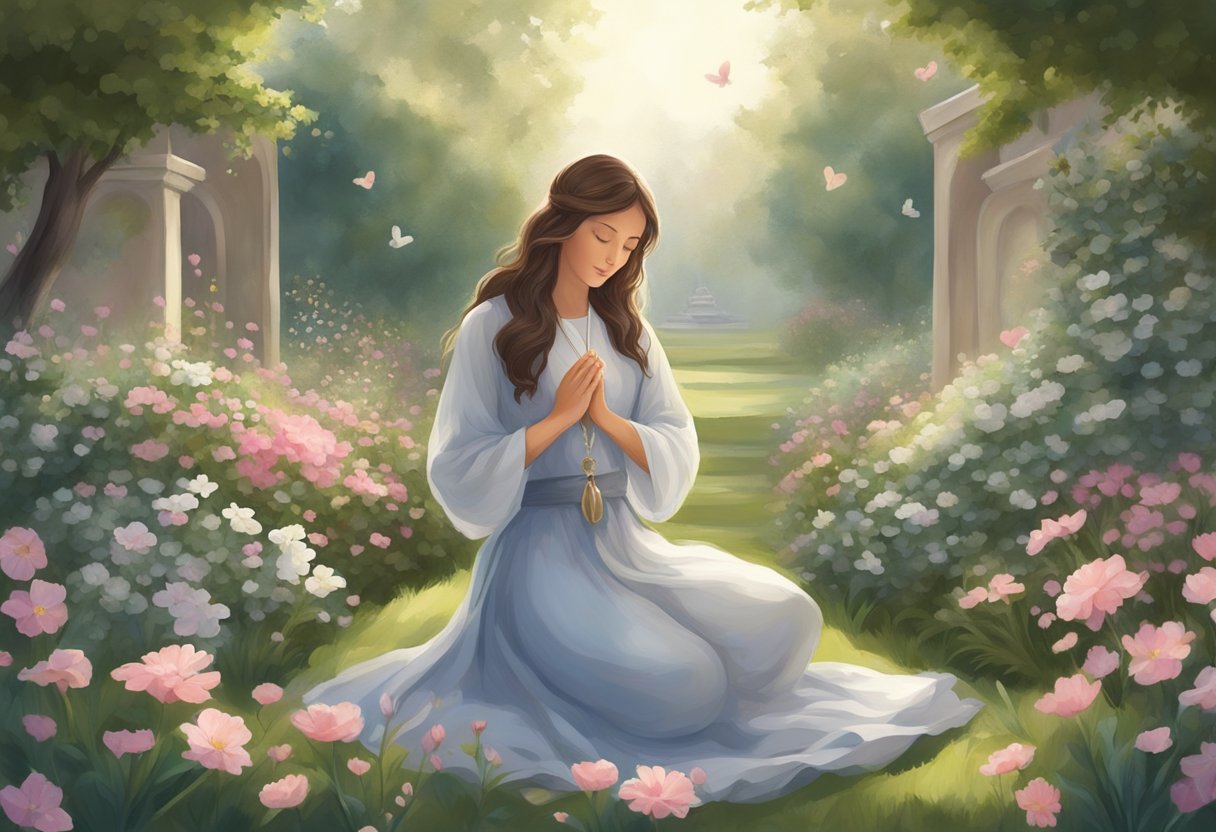 A serene garden with blooming flowers and a gentle breeze, a figure kneeling in prayer with a heart-shaped locket in hand