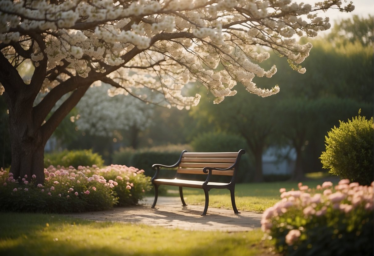 A serene garden with a bench under a tree, surrounded by blooming flowers. A gentle breeze carries fallen petals as a book of scriptures lies open on the bench