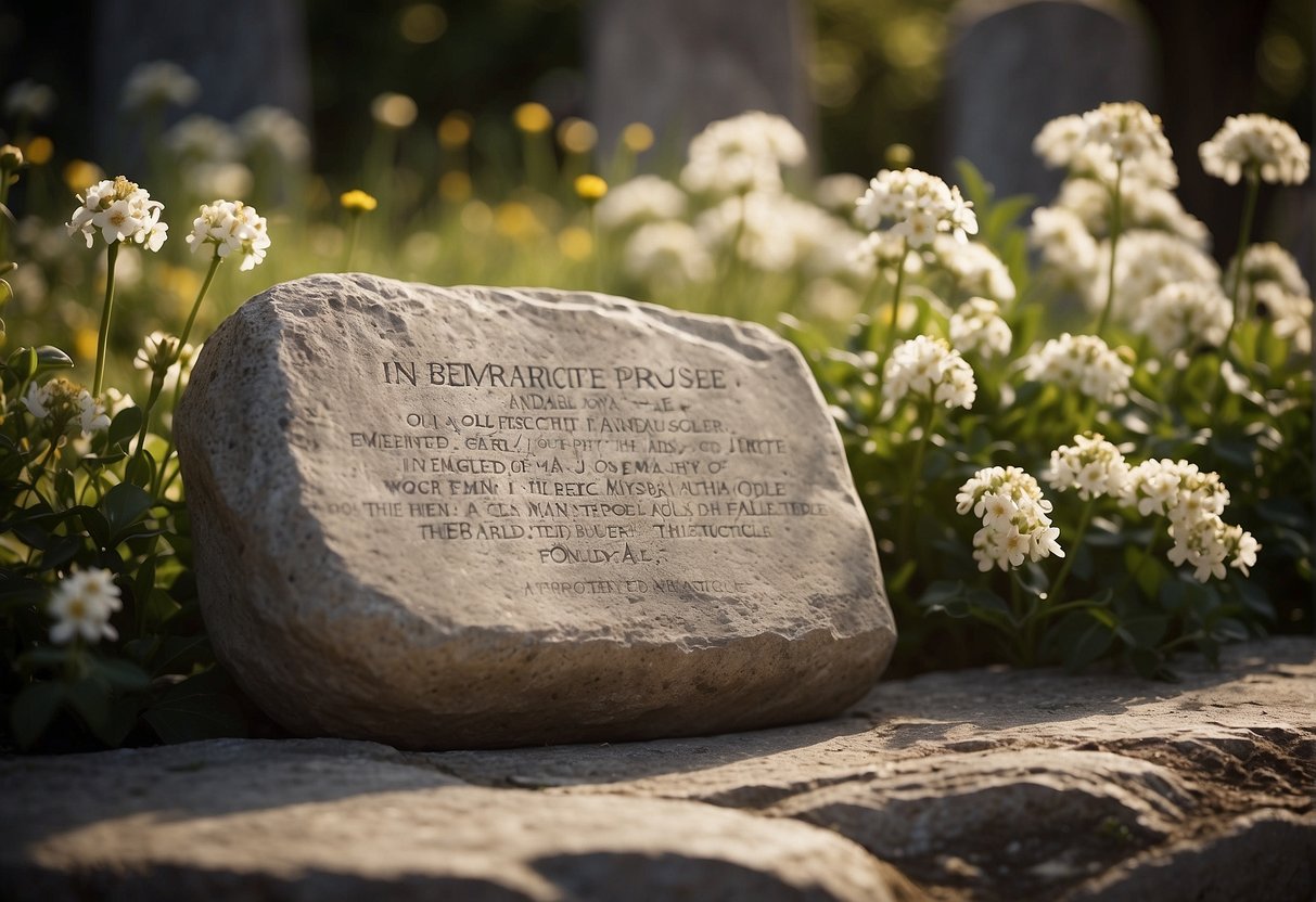 A serene garden with blooming flowers and a gentle breeze, with a beam of light shining down on a memorial stone inscribed with the words "In Remembrance" and a verse from the Bible about the promise of resurrection