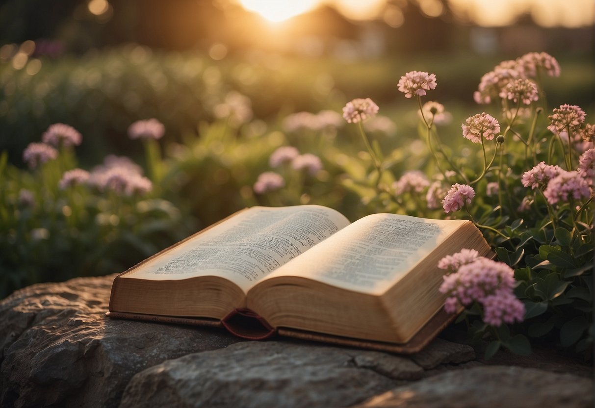 A serene garden with a glowing sunset, a Bible open to verses about remembrance, surrounded by flowers and symbols of faith