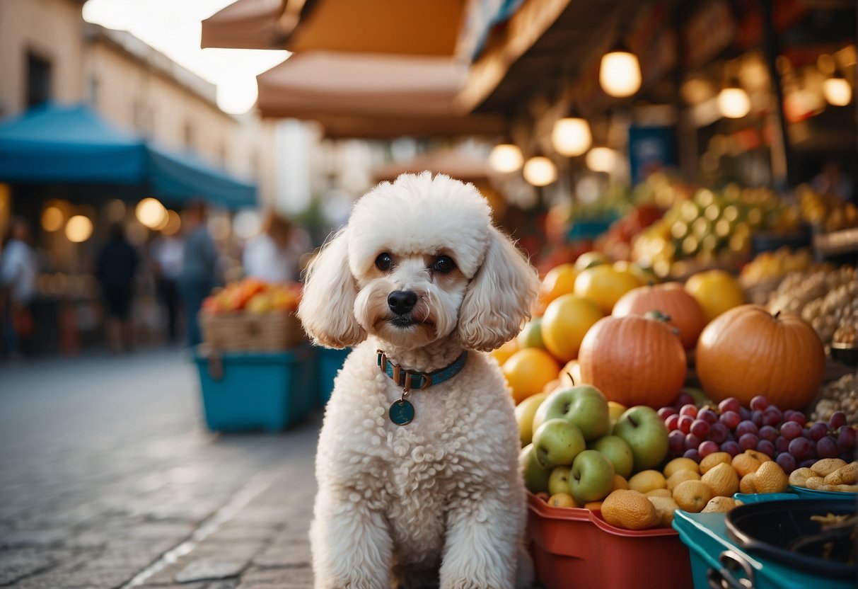 A poodle sitting in a colorful market in Spain